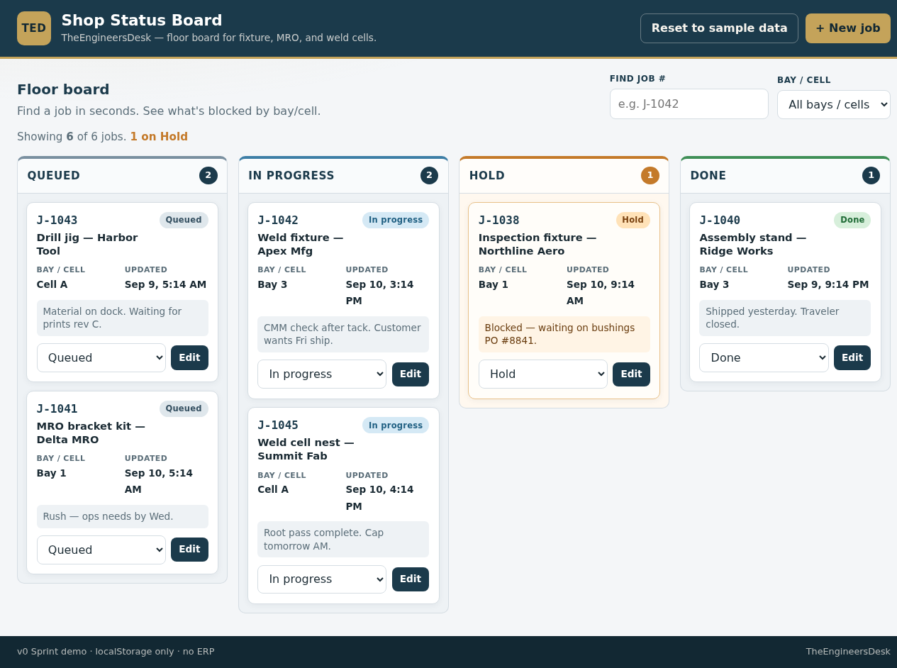 Shop Status Board sprint demo — job and traveler status board